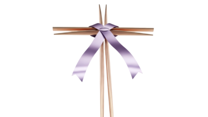 Elegant golden cross with lavender ribbon isolated PNG, religious symbol on transparent background for Easter and memorial designs