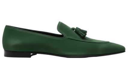 Elegant green leather tassel loafer isolated PNG on transparent background, stylish slip-on shoe for formal and casual wear