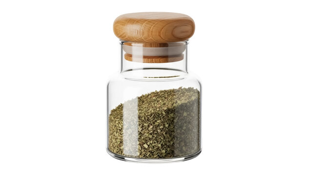 Oregano in a glass jar with wooden lid isolated PNG, dried herb for cooking and seasoning on transparent background
