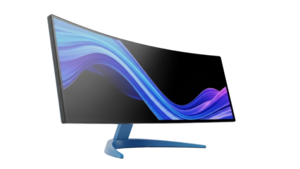 Curved gaming monitor PNG isolated on transparent background, modern display with blue and purple abstract wallpaper for esports