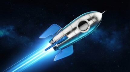 Futuristic silver rocket flying in outer space,metal spaceship launching with glowing blue thrust and cosmic background