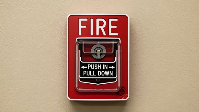 Red fire alarm box with push in pull down instructions on beige wall