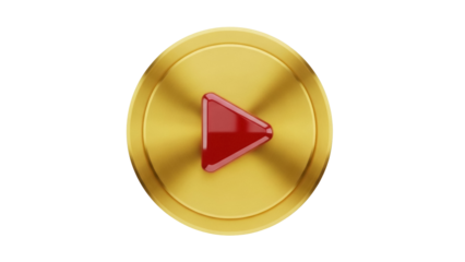 Golden play button PNG isolated on transparent background, red triangle icon for video player interface and multimedia design