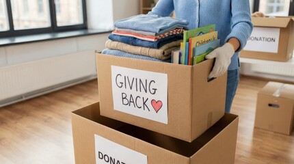 Woman donating clothes and books to charity,concept of giving back,volunteering,community support and social responsibility with donation boxes indoors