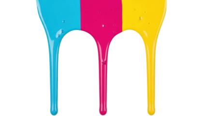 Cyan magenta yellow paint dripping isolated PNG, primary colors concept for art design and creative projects on transparent background