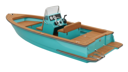 Turquoise motorboat PNG isolated on transparent background, wooden deck powerboat for recreation and leisure, nautical vessel for water sports
