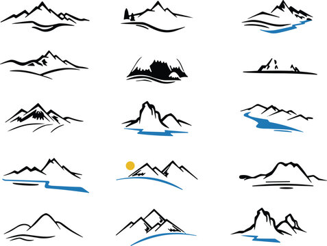  Collection, of, minimalist, mountain, range, icons, with, river, and, sun, sketches, hand, drawn, peaks, for, logo, travel, adventure, nature, designs.