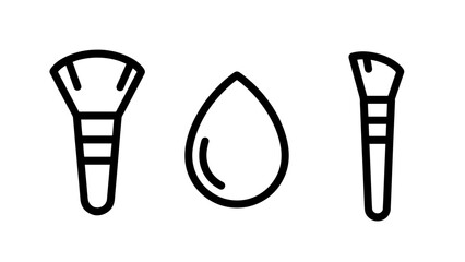 Essential makeup application tools line icons including powder brushes and a beauty blender sponge for professional cosmetic use.