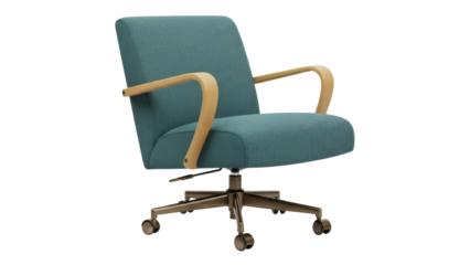 Teal upholstered office chair with wooden armrests isolated PNG, modern furniture for home office and workspace on transparent background
