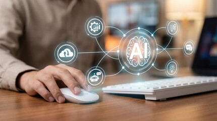 Hand clicking on mouse with artificial intelligence interface overlay,cloud computing and automation technology for modern business and digital innovation