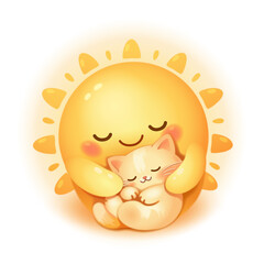 Cute sun hugging a little kitten on a white background
