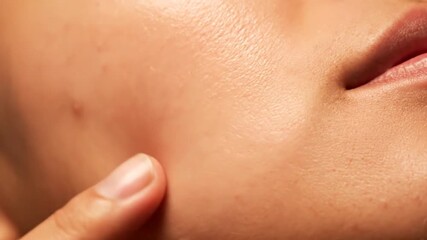 Close-up of human skin, fingers touch face. Texture, pores, and fine hairs are visible