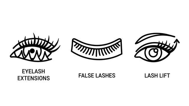 Beauty Service Icons for Eyelash Extensions, False Lashes, and Lash Lift Treatments in Minimalist Style