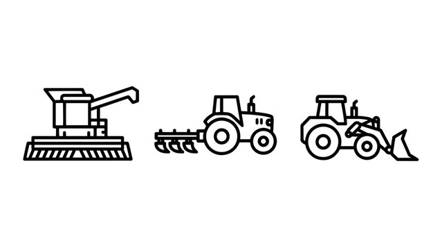 Agricultural Machinery Line Icons Representing a Combine Harvester, Tractor with Plow, and Front Loader