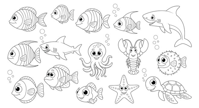 Collection of cute sea creatures including fish, sharks, an octopus, and a turtle designed as a line art coloring page for kids.
