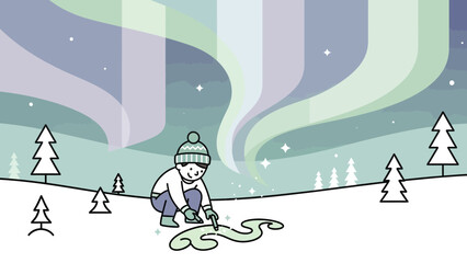 Naklejka premium Boy Drawing In The Snow Under Northern Lights In A Winter Landscape