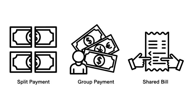 Shared Expense and Group Payment Icons representing Split Bill Functionality, Multiple Currency Management, and Cooperative Finance