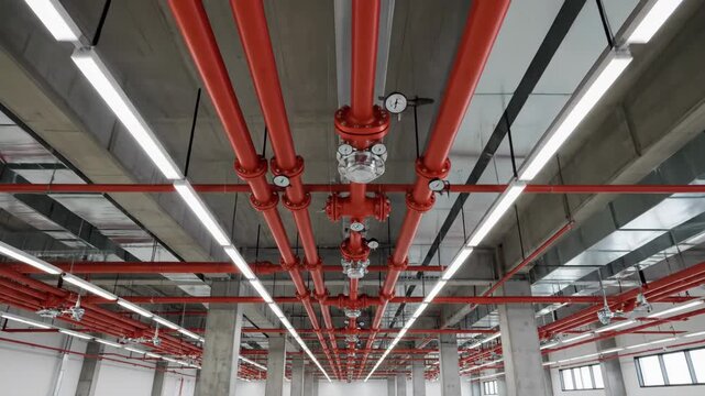 Exposed Piping and Lighting in Industrial Space - Wide angle shot of an industrial ceiling showing red fire suppression pipes with pressure gauges and valves, along with fluorescent tube lighting.
