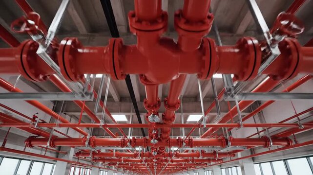 Industrial Red Piping System - The video shows an elaborate overhead system of red industrial pipes, likely for fire suppression or another utility.