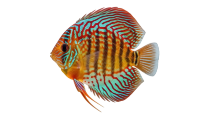 Colorful discus fish PNG isolated on transparent background, tropical freshwater aquarium pet with vibrant stripes and round shape