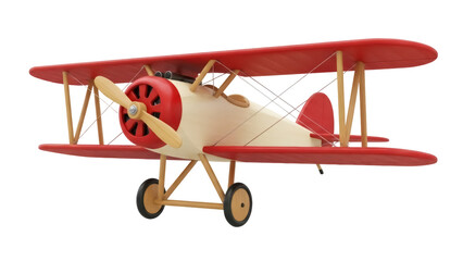 Red and beige wooden toy biplane isolated PNG, vintage airplane model for kids room decor and aviation themed projects © ELISA