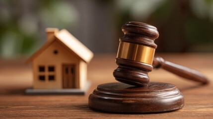 Obraz premium Gavel and Model House on Wooden Table - Legal and Real Estate Concepts.