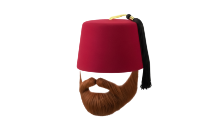Red fez with beard PNG isolated on transparent background, traditional Turkish hat with tassel for costume and cultural representation