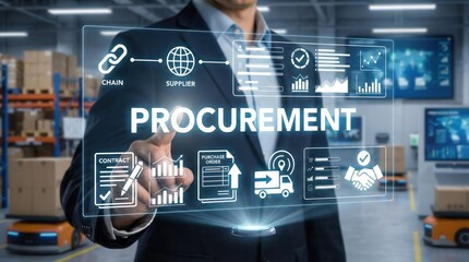 Modern digital procurement system with interactive interface icons,businessman using touchscreen in automated warehouse,concept of smart supply chain management