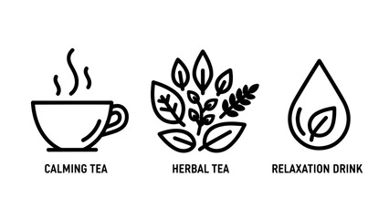 Herbal beverage and relaxation icons representing calming tea and healthy organic plant-based drinks