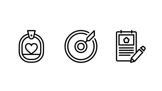 Business planning and quality assurance icons representing targets, heart-shaped tags, and document reviews
