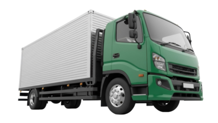 Green delivery truck PNG isolated on transparent background, commercial vehicle for logistics and transportation services