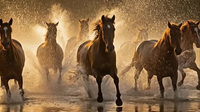 A magnificent herd of wild horses running through water at sunset