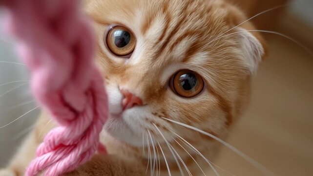 A playful cat interacts with a pink string in a sunny indoor space. It shows curiosity and energy while exploring its surroundings