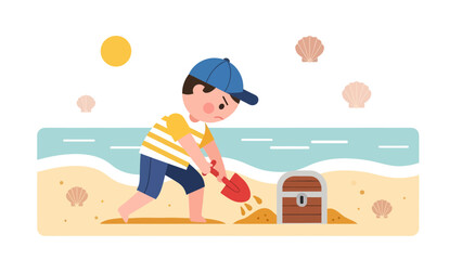 Obraz premium Boy Playing With Shovel By Treasure Chest On A Sunny Beach Day