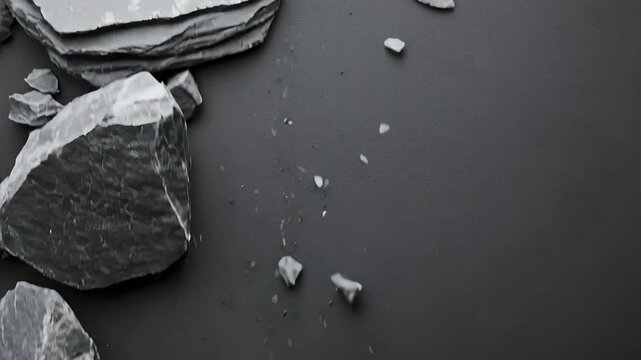 Gray rock fragments dynamically falling, landing, and scattering across a dark surface, depicting rockfall impact footage.
