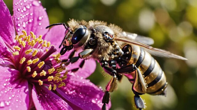Robotic Bee on Flower - A detailed video shows a bee-like robot sitting on a pink flower with yellow stamen. The robot has metallic gold and black stripes and a blue light in its eye.
