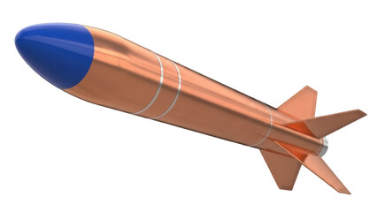 Copper rocket with blue tip isolated PNG on transparent background, futuristic missile for space exploration and military applications
