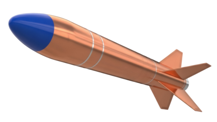 Copper rocket with blue tip isolated PNG on transparent background, futuristic missile for space exploration and military applications