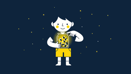 Fototapeta premium Boy Catching Fireflies In A Jar At Night Surrounded By Stars Illustration