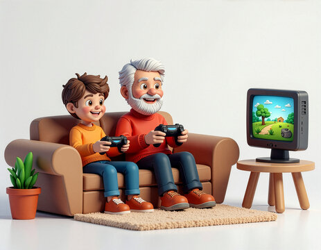 Grandfather and grandson playing video games together, 3D cartoon character illustration of family bonding and intergenerational fun