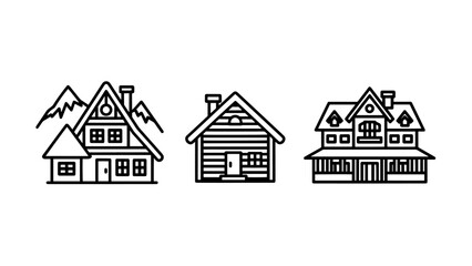 Mountain Architecture Chalet Icons showing Various Wooden Cabins and Ski Lodges