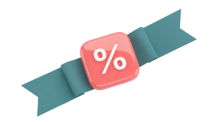 Pink percentage sign on blue ribbon isolated PNG, discount offer graphic element for sales promotion and marketing campaigns on transparent background
