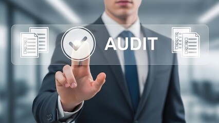 Businessman pressing "AUDIT" button on a virtual screen, symbolizing financial inspection, compliance, and quality control in a modern digital business environment.