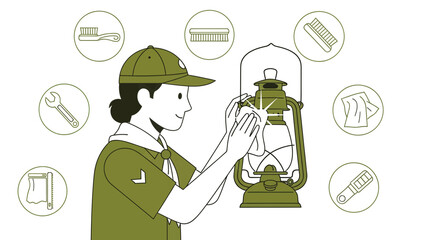 Boy Scout Cleaning An Old Kerosene Lamp In Preparation For Camping Adventure
