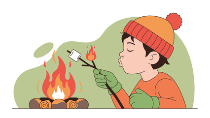 Boy Roasting Marshmallow Over Campfire In Winter Illustration Scene