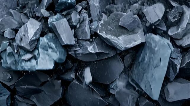 Dark grey rockfall in an industrial quarry, fragmented slate falling during mining operations for construction footage