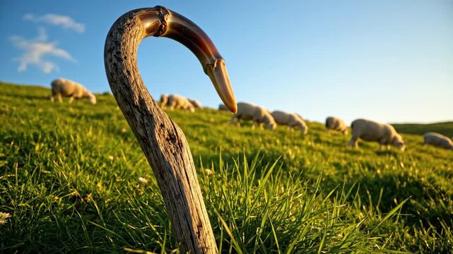 Shepherd's Crook with Grazing Sheep - A shepherd's wooden crook stands in the foreground, while a flock of sheep graze peacefully on a green hillside under a clear blue sky.