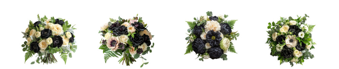 Four elegant bridal bouquets with white and dark blooms on transparent background