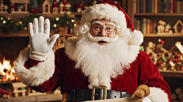 Santa Claus Waving Hello - A festive video showing Santa Claus in his traditional red suit, waving hello with a warm smile.