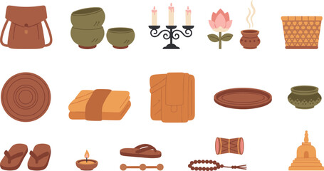 Buddhist Traditional Items Illustration Set Featuring Ritual Objects, Monastic Accessories and Cultural Elements